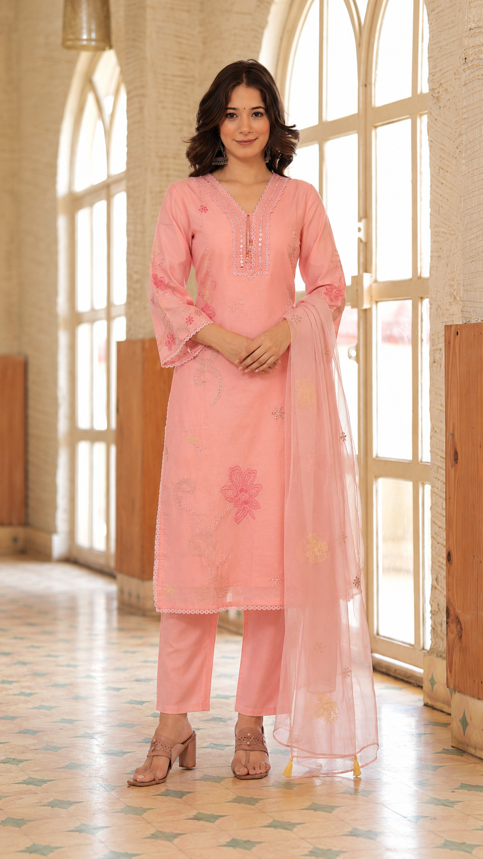 Ishviya Pink Floral Embroidered Straight Kurta Set With Dupatta
