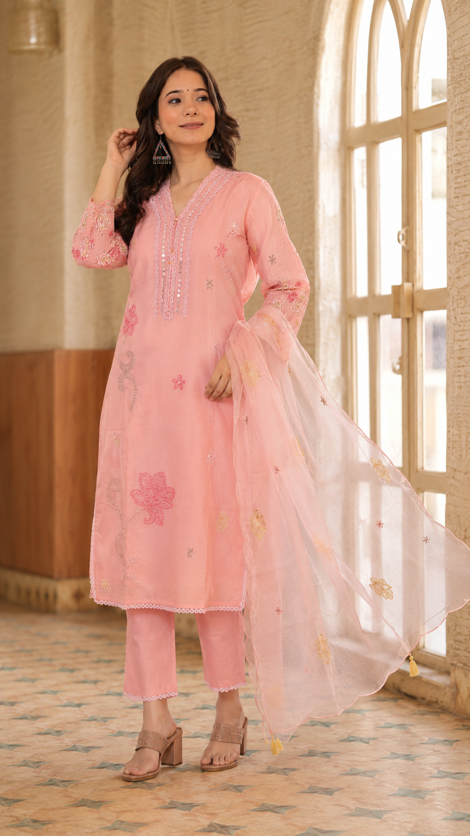 Ishviya Pink Floral Embroidered Straight Kurta Set With Dupatta