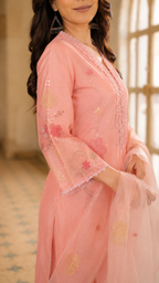 Ishviya Pink Floral Embroidered Straight Kurta Set With Dupatta